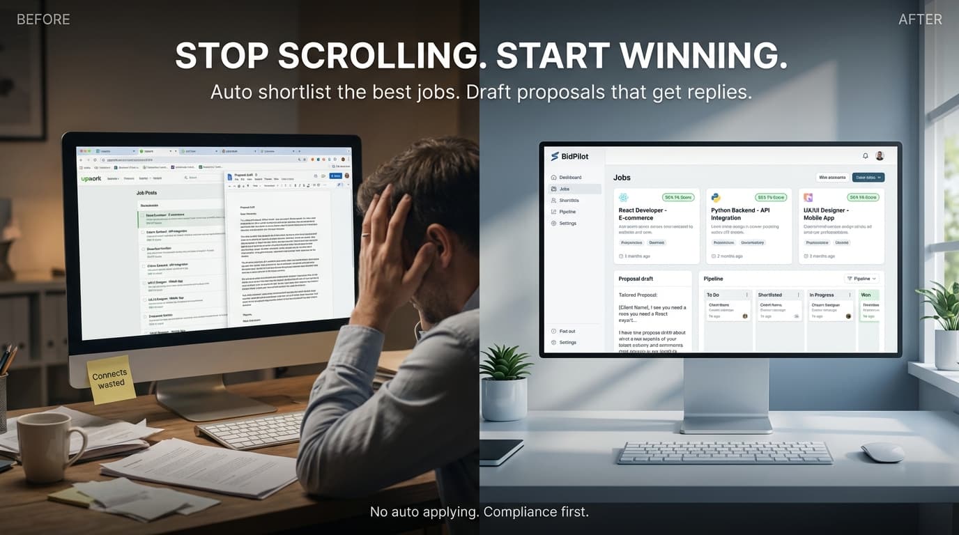Before and after comparison: frustrated freelancer scrolling through jobs versus organized BidPilot dashboard with scored jobs and proposals