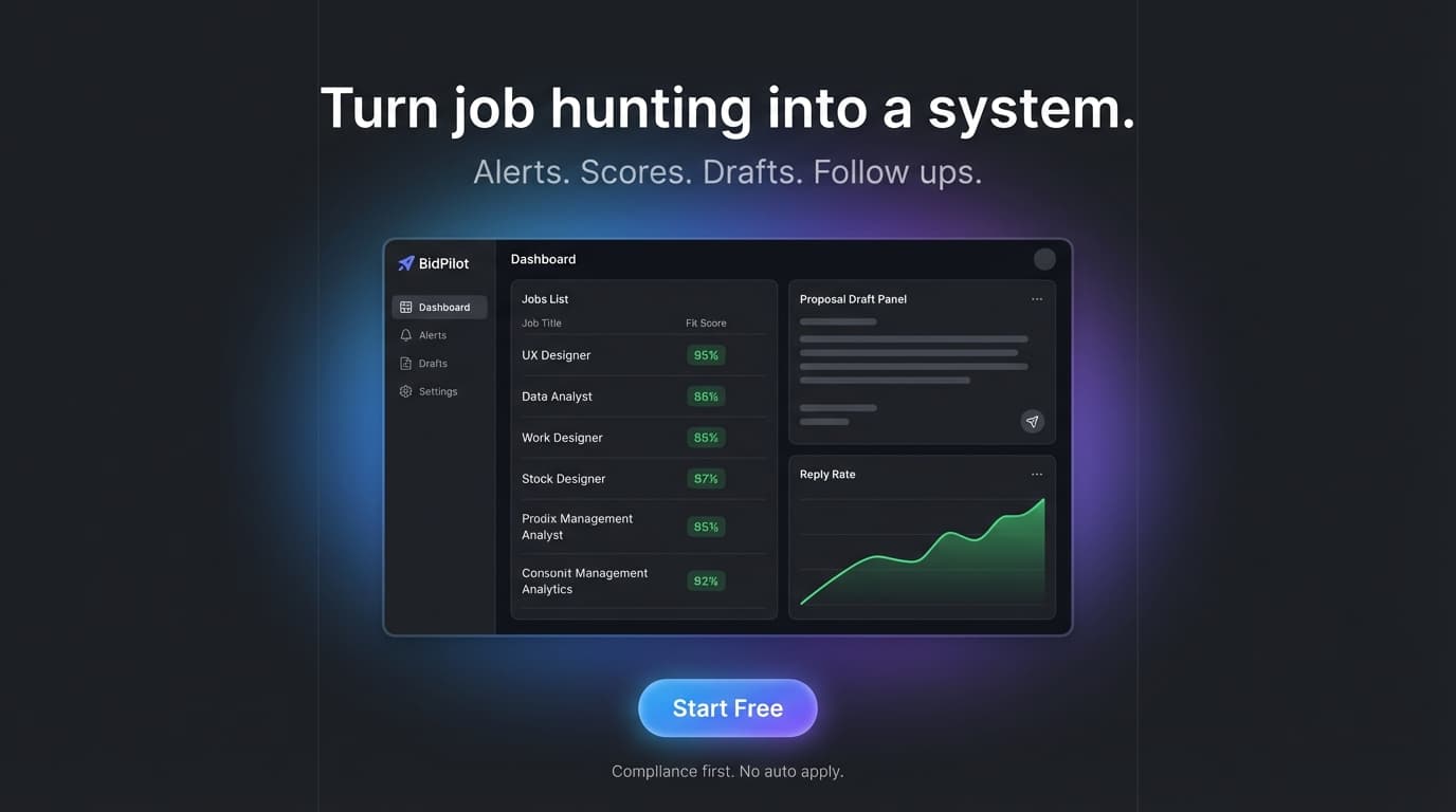 BidPilot dashboard showing job scoring, proposal drafting, and analytics