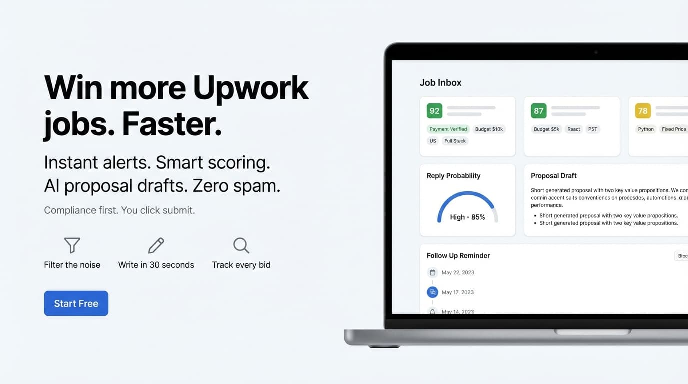BidPilot dashboard showing job inbox with fit scores, proposal drafts, and follow-up reminders